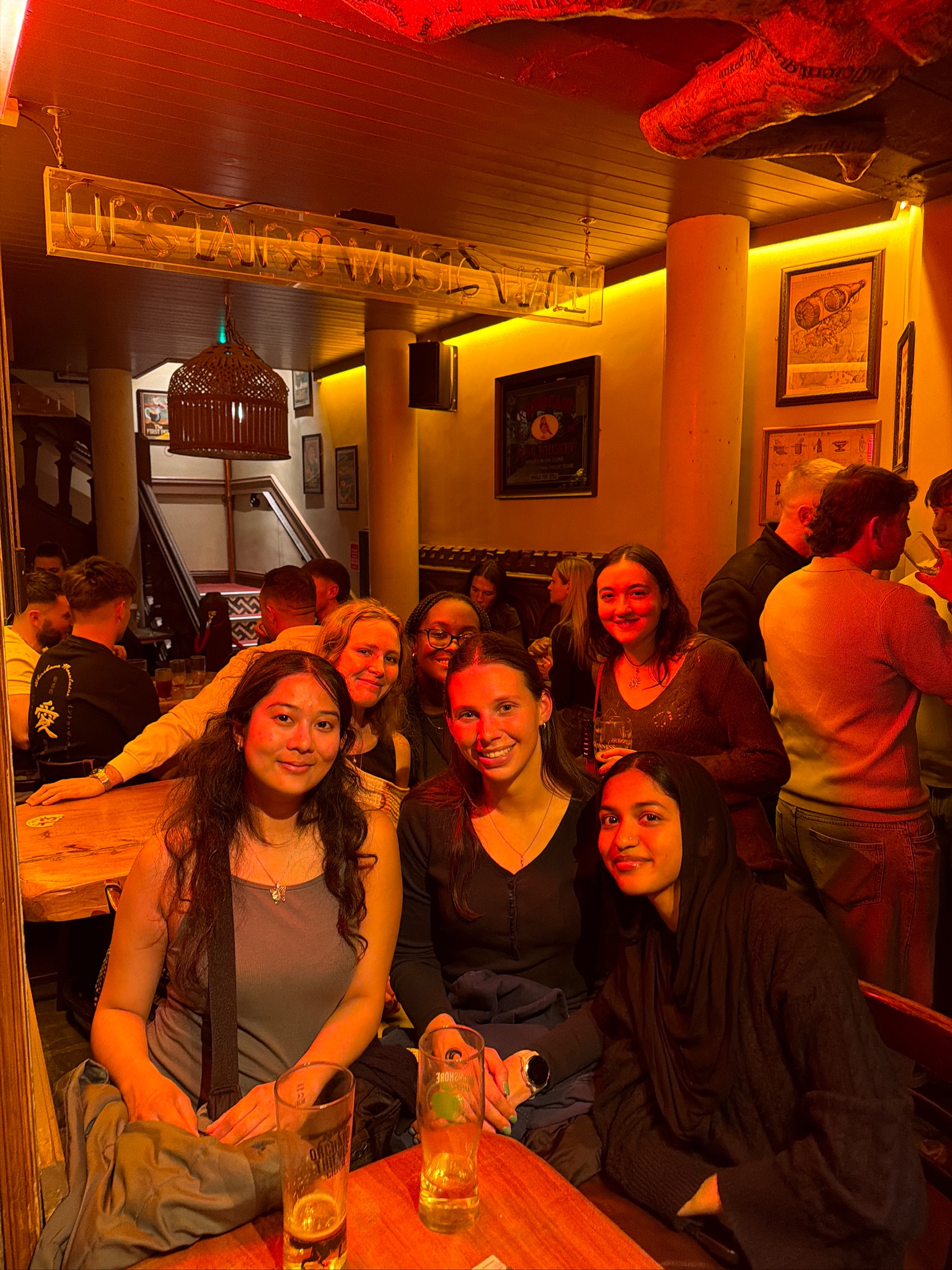 group of seven girls in dim lit pub